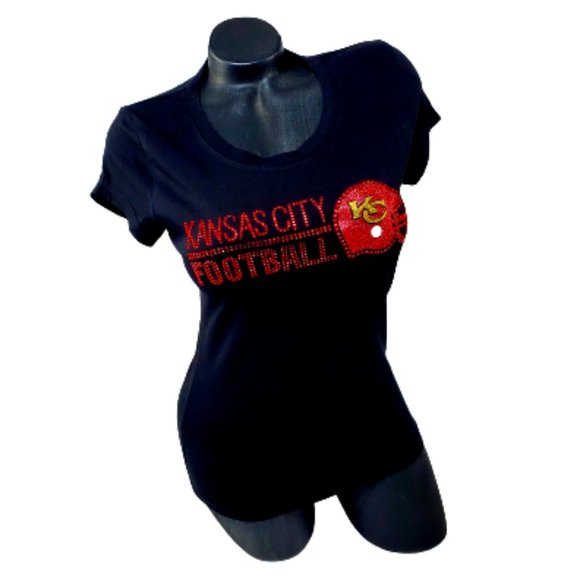 Kansas City Football Rhinestone Black Fitted Spandex Tee. - Picture 1 of 6